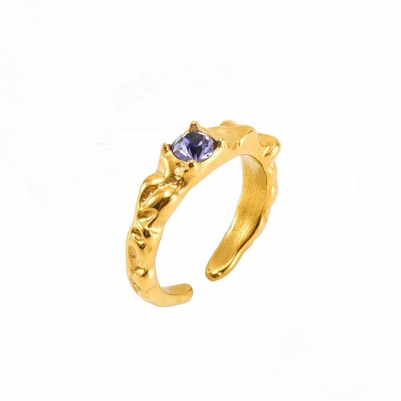 Jewelry - SOLD***18K Gold Plated Hammered Open Ring*Purple Birthstone December*Amethyst